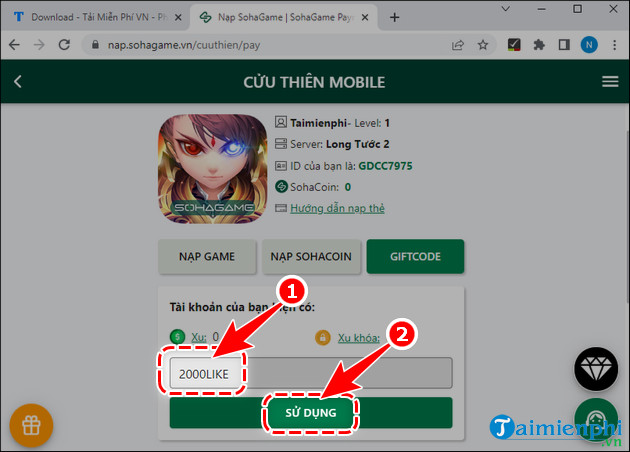 doi ma code cuu thien mobile sohagame