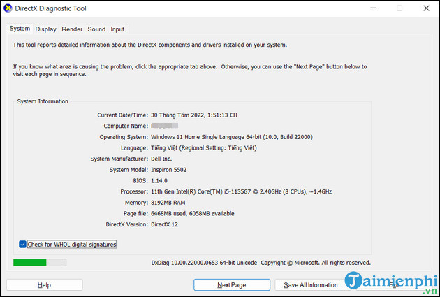4 Cách kiểm tra cấu hình máy tính Win 11 bằng lệnh, phần mềm 13 cach kiem tra cau hinh may tinh win 11 bang DirectX Diagnostic Tool
