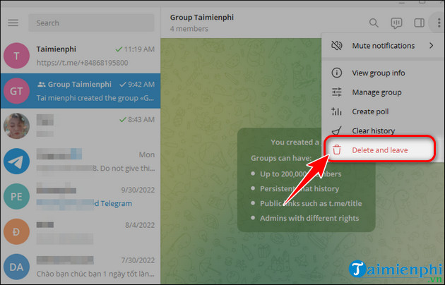 Delete and Leave group Telegram