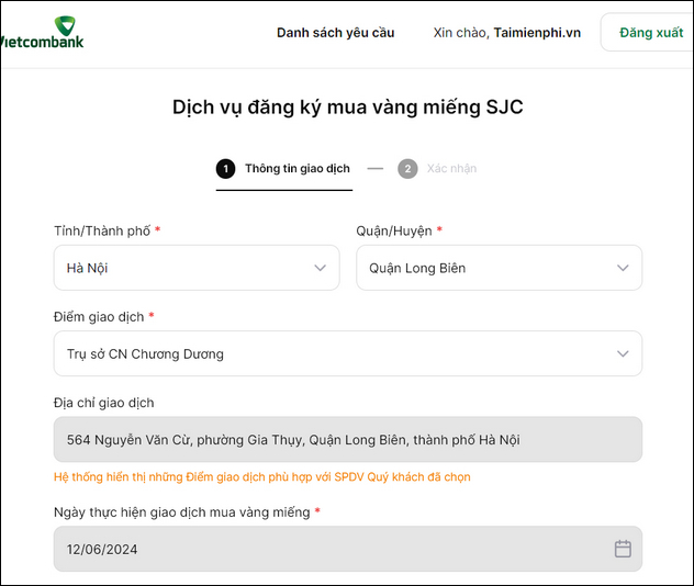 huong dan dang ky mua vang mieng sjc truc tuyen Vietcombank