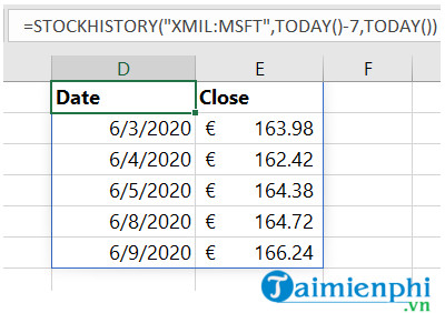 Hàm STOCKHISTORY trong Excel