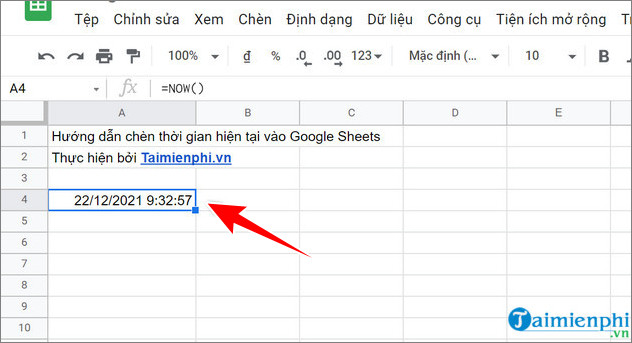 dung ham now chen thoi gian vao Google Sheets