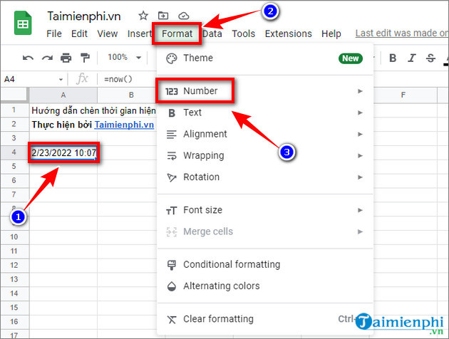 cach them thoi gian hien tai vao Google Sheets