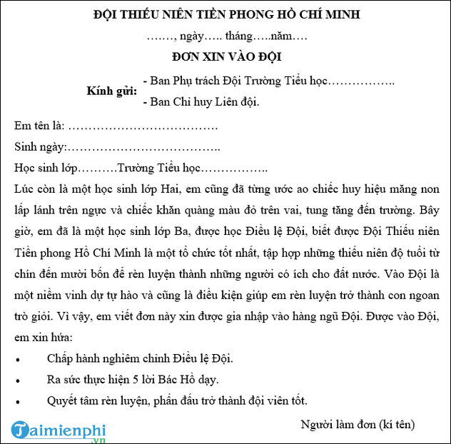 6 Mẫu đơn xin vào đội lớp 3, Đội thiếu niên Tiền phong 6 Mẫu Đơn Xin Vào Đội Lớp 3, Đội Thiếu Niên Tiền Phong