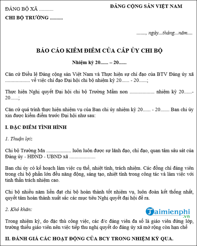 Bao cao kiem diem cua chi uy chi bo truong Mam non