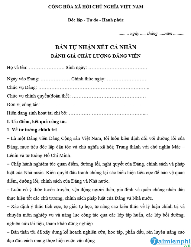 BẢN TỰ ĐÁNH GIÁ BẢN THÂN HỌC SINH