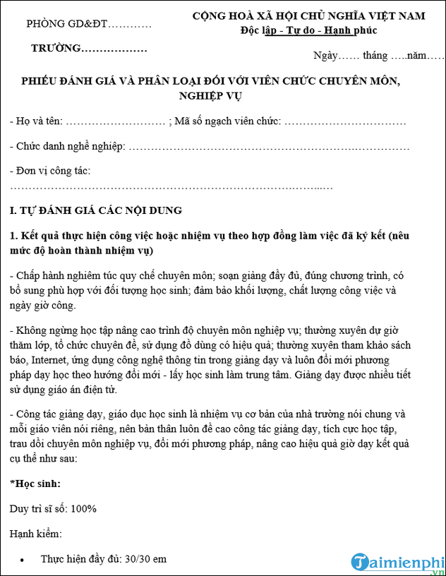 Phieu danh gia phan loai chat luong vien chuc la giao vien