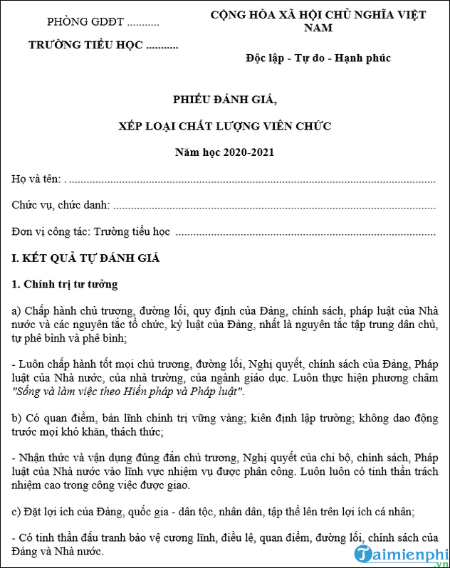 phieu danh gia, xep loai chat luong vien chuc giao vien