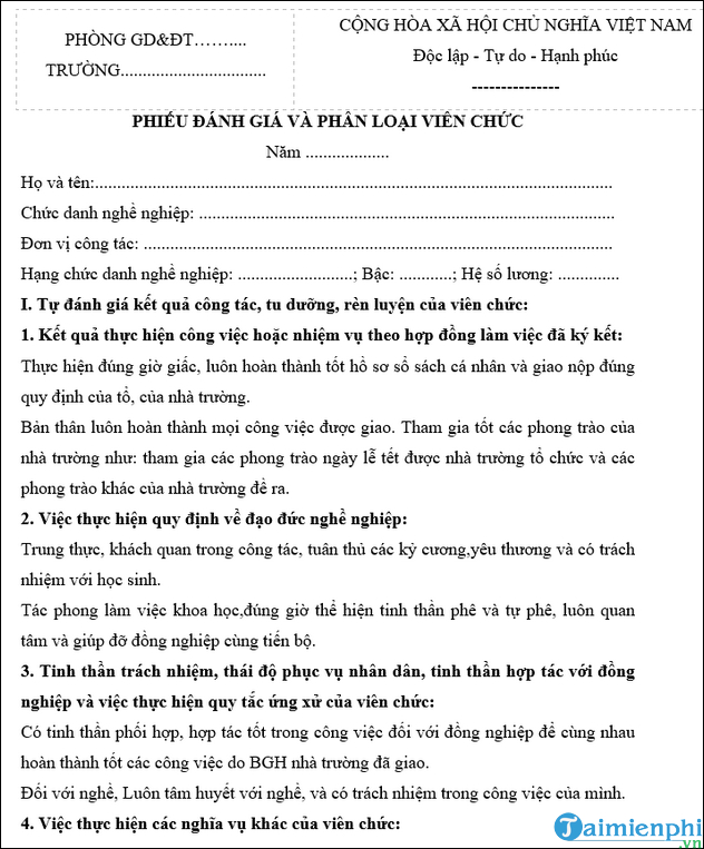 Phieu danh gia, xep loai chat luong vien chuc nam 2022