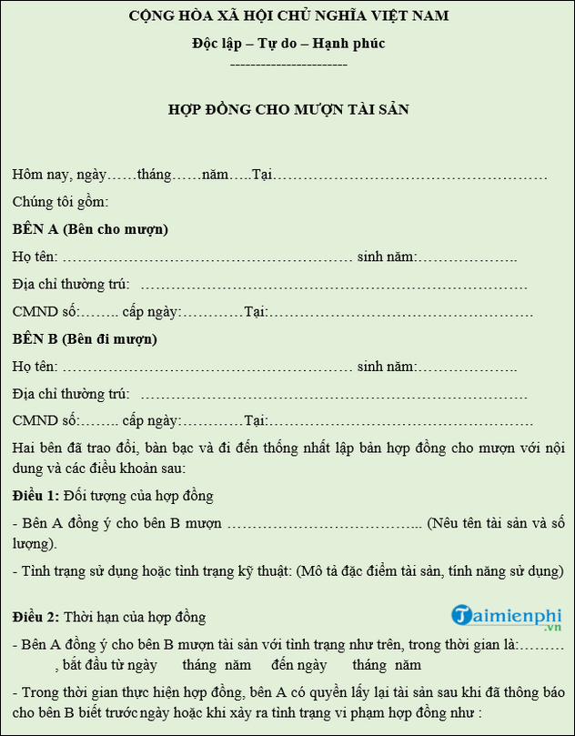 Mau hop dong cho vay tai san
