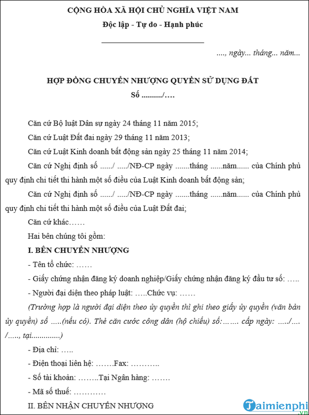 Mau hop dong chuyen nhuong quyen su dung dat moi nhat