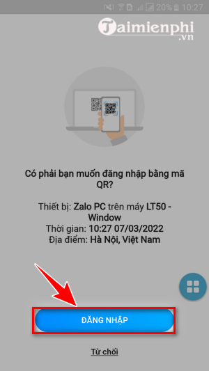 Zalo Web is logging in with QR code