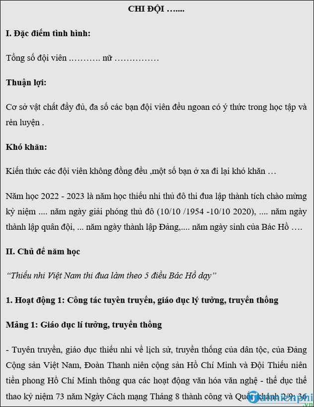 Phuong huong nhiem vu nam hoc cua chi doi