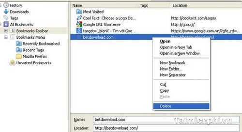 Tạo và xóa bookmark trên Firefox
