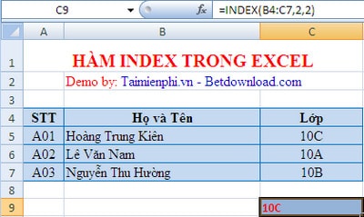 Hàm Index, hàm trả về mảng trong Excel