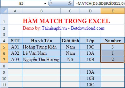 Excel - Hàm Match trong Excel, ví dụ và cách dùng