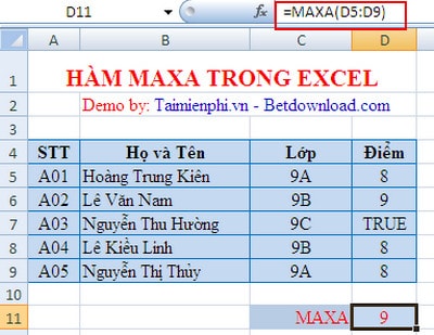 Excel - Hàm MAXA, hàm trả về giá trị lớn nhất, ví dụ và cách dùng