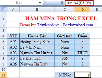 Excel - Hàm MINA, Hàm trả về giá trị nhỏ nhất, ví dụ và cách dùng