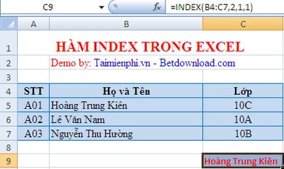Hàm Index, hàm trả về mảng trong Excel