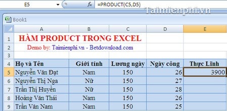 Hàm PRODUCT trong Excel, hàm tính tích các giá trị, ví dụ minh họa và cách dùng