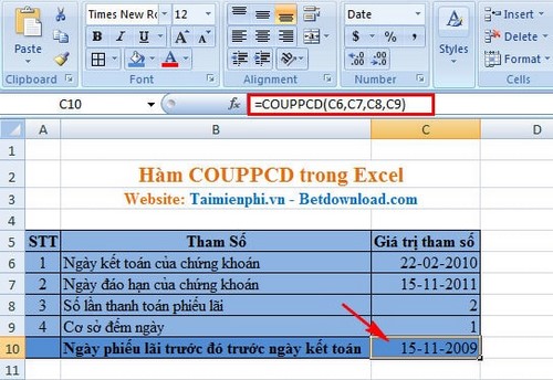 Excel - Hàm COUPPCD, Hàm trả về ngày phiếu lãi trước đó trước ngày kết toán