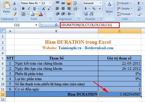 Excel - Hàm DURATION trong Excel, Ví dụ và cách dùng