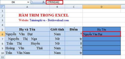 Excel - Hàm TRIM, Hàm loại bỏ khoảng trống trong văn bản