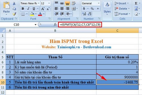 Excel - Hàm ISPMT, Hàm tính tiền lãi trong một kỳ hạn xác định