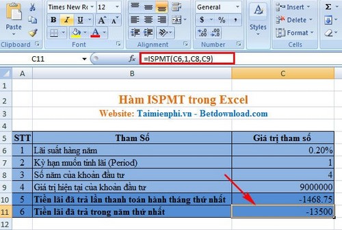 Excel - Hàm ISPMT, Hàm tính tiền lãi trong một kỳ hạn xác định