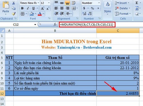 Excel - Hàm MDURATION trong Excel, Ví dụ minh họa và cách dùng