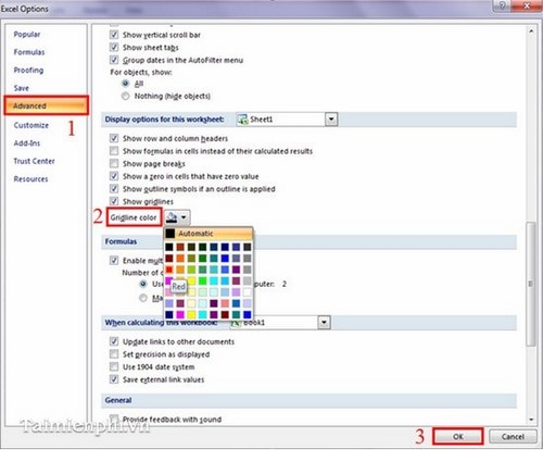 Excel - Thay đổi màu sắc đường lưới mặc định trong Excel