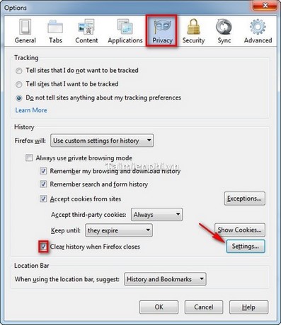Firefox - Tự động xóa lịch sử duyệt Web của bạn sau mỗi lần duyệt