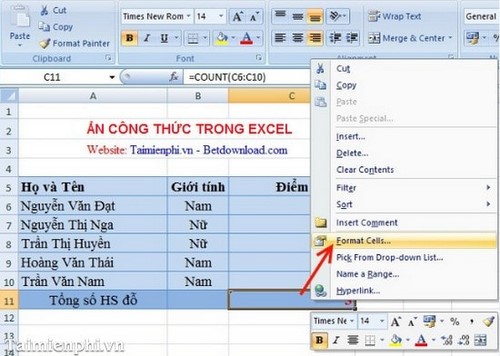 Cách ẩn công thức trong bảng tính Excel