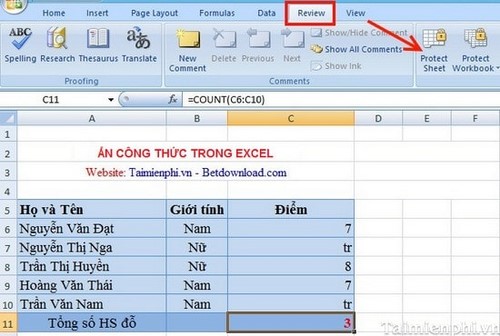 Cách ẩn công thức trong bảng tính Excel