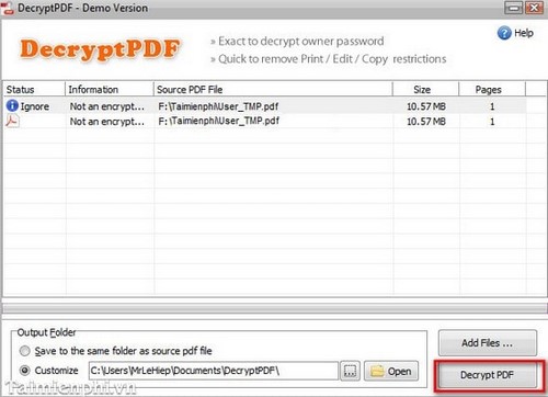 Loại bỏ mật khẩu, Password file PDF bằng Decrypt PDF