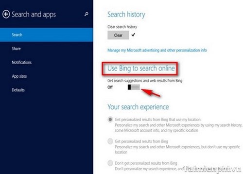 Vô hiệu hoá tìm kiếm Bing trong Windows 8.1