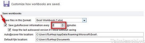 Cách cài đặt thời gian tự động lưu trong Excel 2010