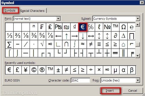 Cách chèn ký tự đặc biệt trong Excel