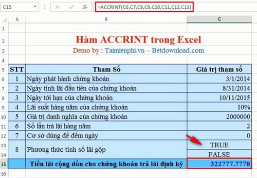 Excel - Hàm ACCRINT, Hàm trả về tiền lãi cộng dồn cho chứng khoán trả lãi định kỳ