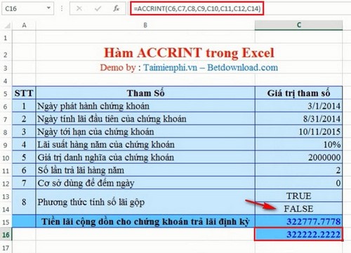 Excel - Hàm ACCRINT, Hàm trả về tiền lãi cộng dồn cho chứng khoán trả lãi định kỳ