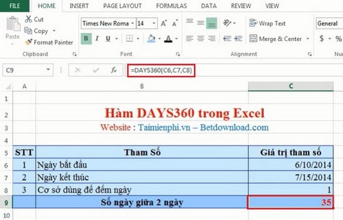 Excel - Hàm DAYS360, Hàm tìm số ngày giữa hai ngày dựa trên một năm 360 ngày