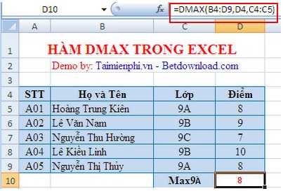 Excel - Hàm Dmax, hàm lấy giá trị nhất lớn nhất trong hàng, cột