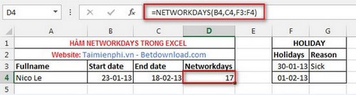 Excel - Hàm NETWORKDAYS, Hàm tính số lượng ngày làm việc