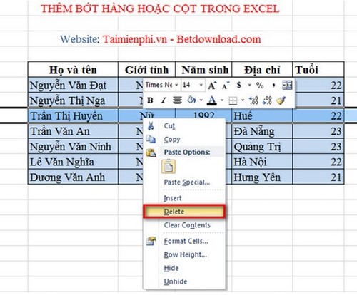 Thêm, bớt hàng hoặc cột trong bảng tính Excel