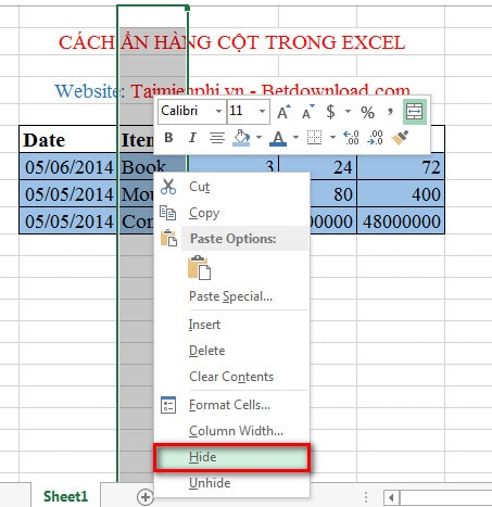 Giúp tôi ẩn, hiện cột và dòng trên Excel 2013 với?
