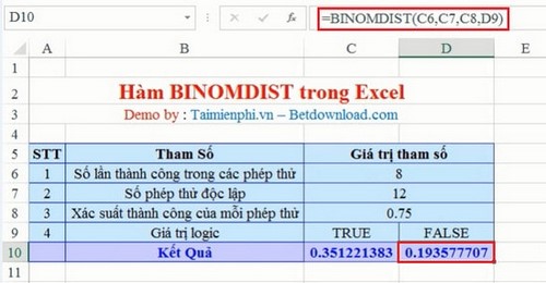 Excel - Hàm BINOMDIST, Hàm trả về giá trị xác suất phân bố nhị thức