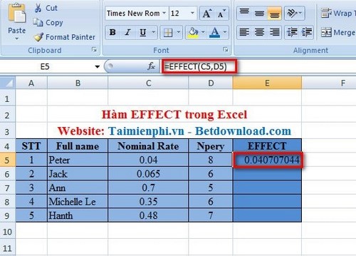 Excel - Hàm EFFECT, Hàm tính lãi suất thực tế hàng năm