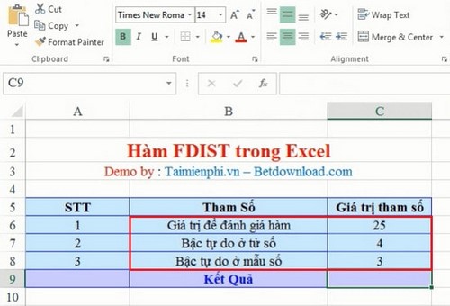 Excel - Hàm FDIST, hàm trả về phân bố xác suất, Ví dụ minh họa
