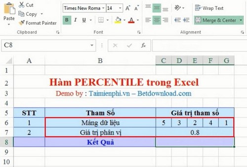 Excel - Hàm PERCENTILE, Hàm trả về kết quả là phân vị thứ k