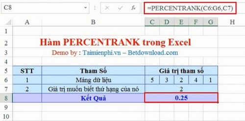 Excel - Hàm PERCENTRANK, Hàm trả về thứ hạng của giá trị